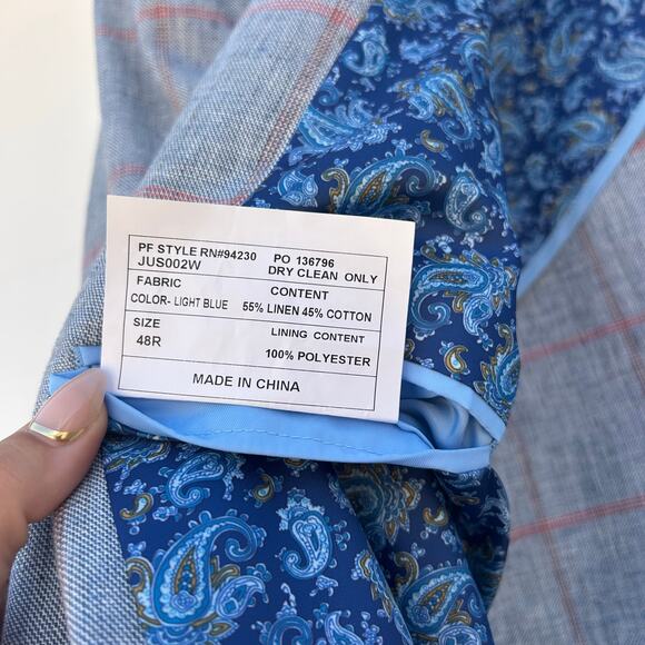 Paul Fredrick Linen Cotton Men’s Blazer Jacket Light Blue Windowpane 48R - Picture 7 of 9